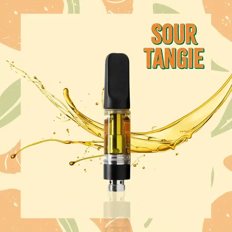 A vape cart of THCa strain sour tangie potent and pure cheap thca carts